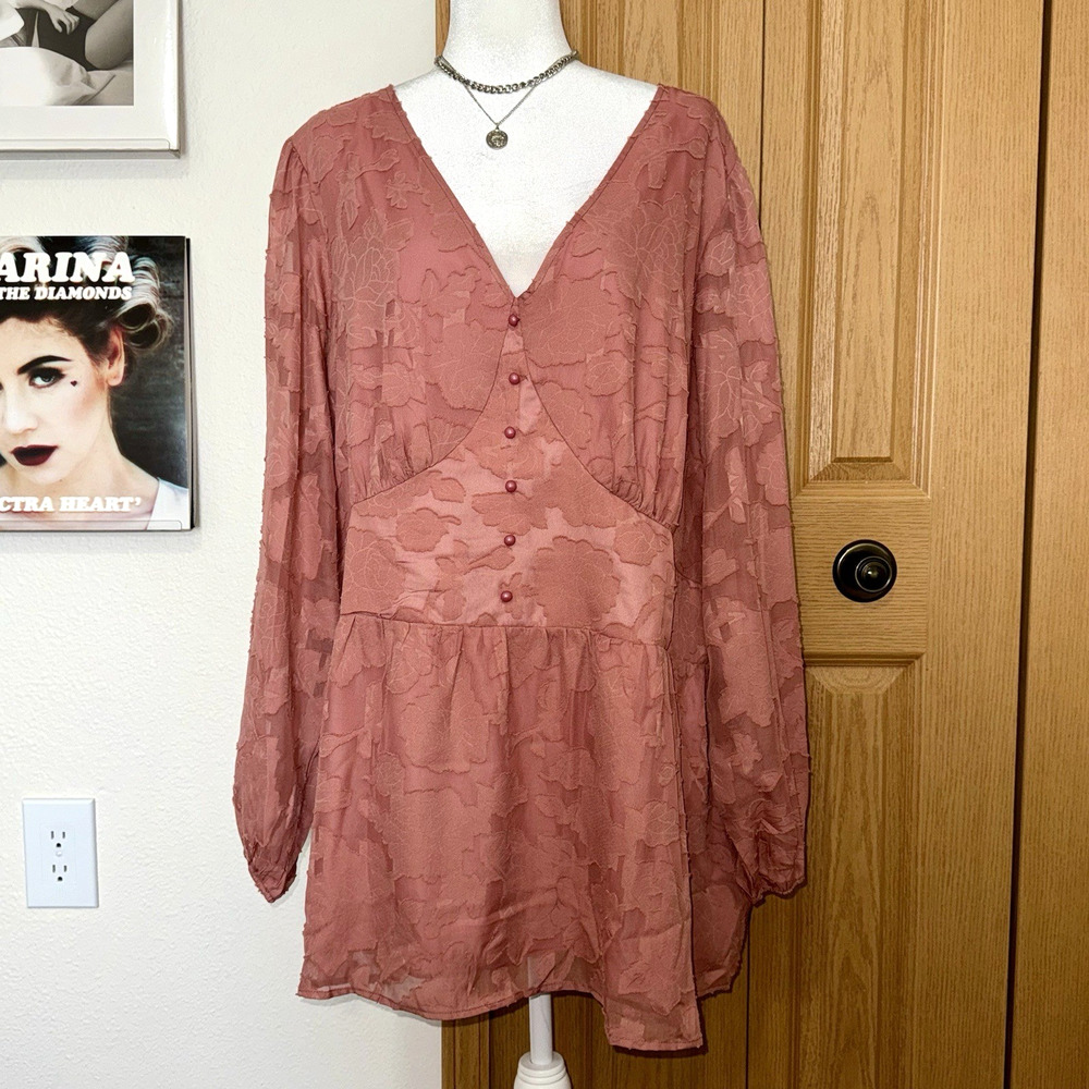 BloomChic‎ Mini Dress Womens 26 Pink Floral Print V Neck Long Sleeve Pullover